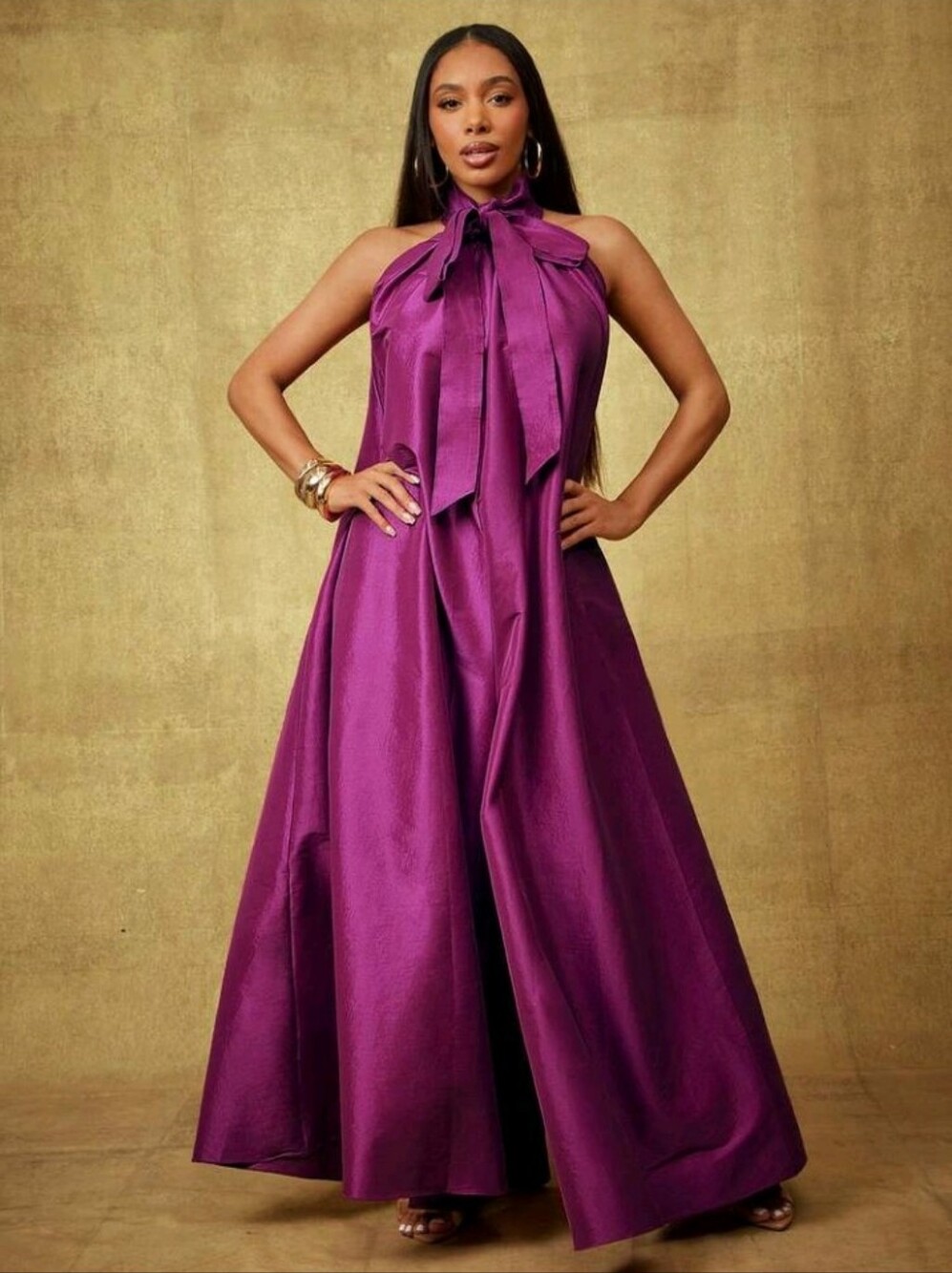 Plum Solid Taffeta Bow Tie Halter Neck Extreme Wide Leg Jumpsuit, Party - Picture 2 of 5
